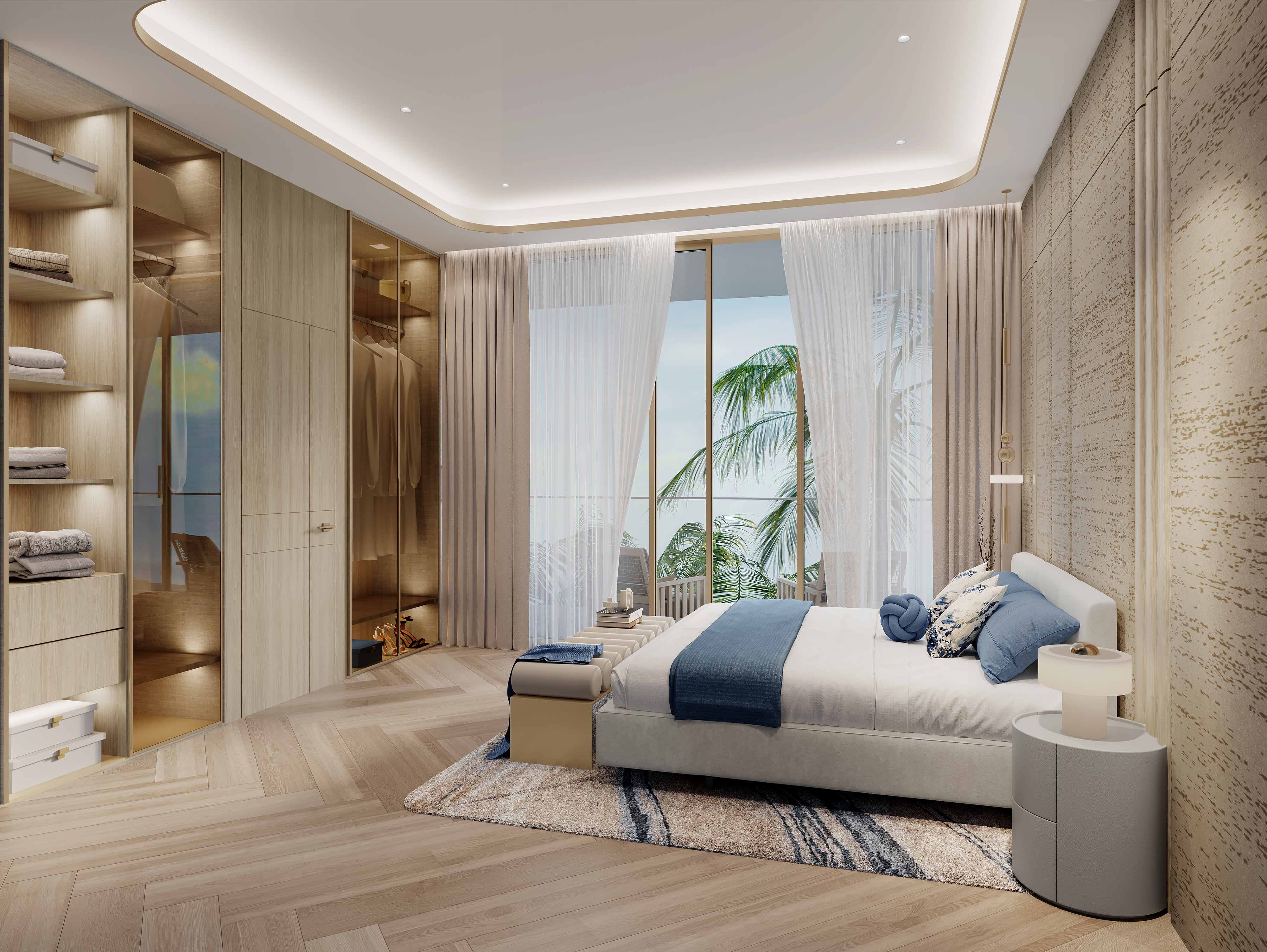 Sunset Bay 3 By Imtiaz A modern bedroom featuring a bed, a cozy rug, wooden flooring, and large windows with a view of palm trees.